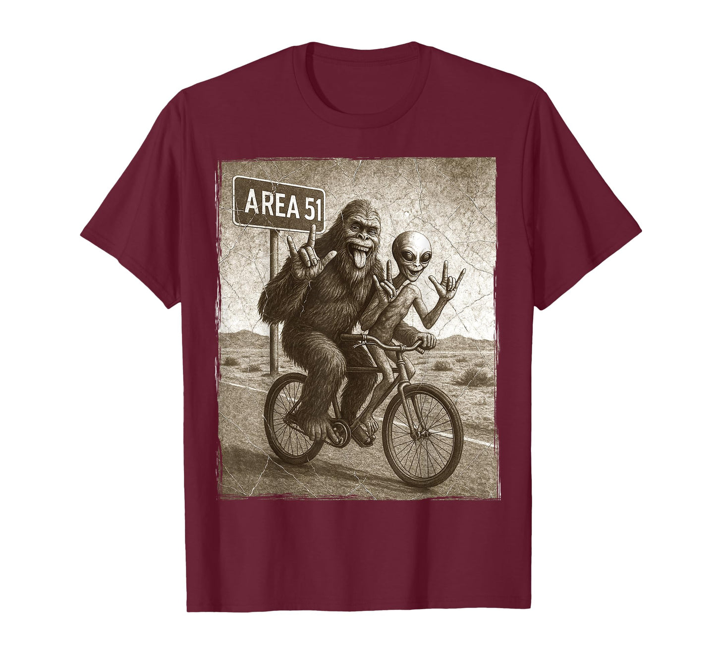 Bigfoot Alien UFO Bike Ride Rock On Area 51 Vintage Funny T-Shirt