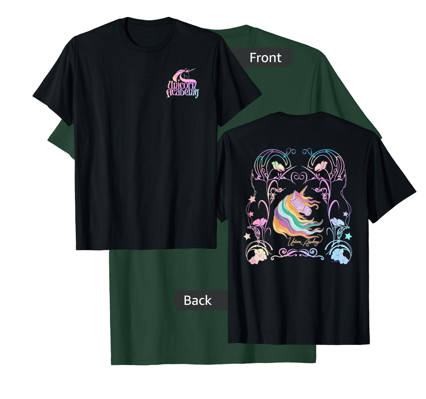 Unicorn Academy Enchanting Graphic Logo Front and Back Print T-Shirt