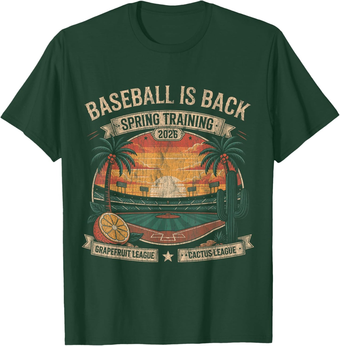 Spring Training Baseball is Back 2026 Retro Stadium Sunset T-Shirt T-Shirt - T-Shirt | Forest