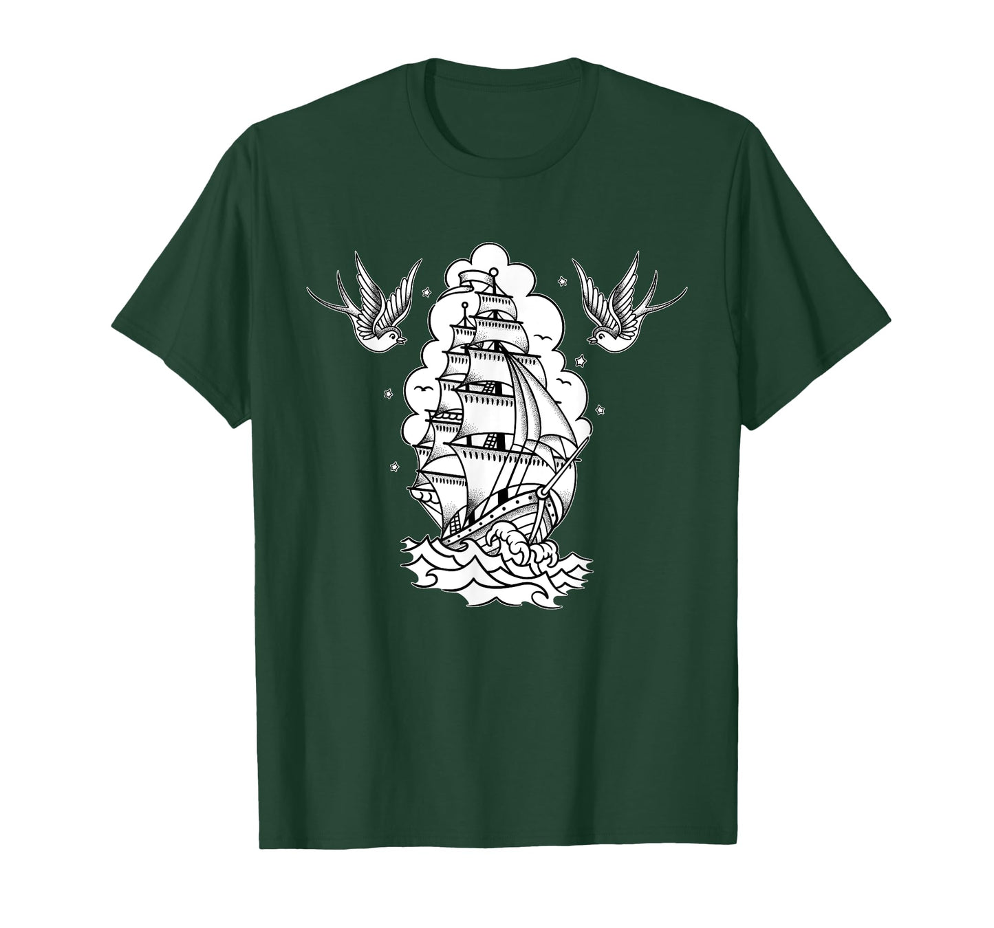 Old School Sailor Tattoo Clipper Ship and Swallows T-Shirt