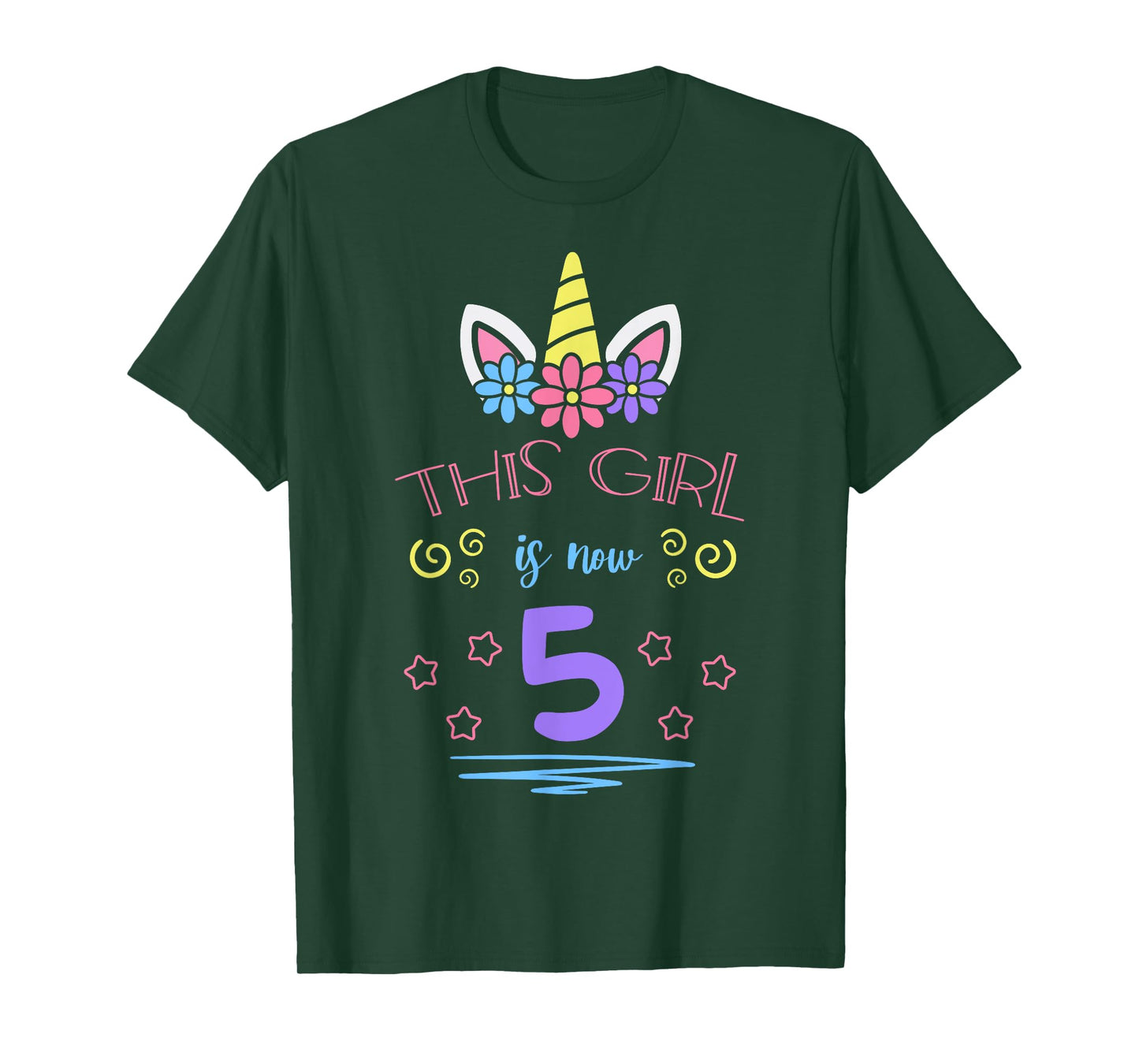 This Girl Is Now 5 Birthday Unicorn Floral Horn Theme Party T-Shirt