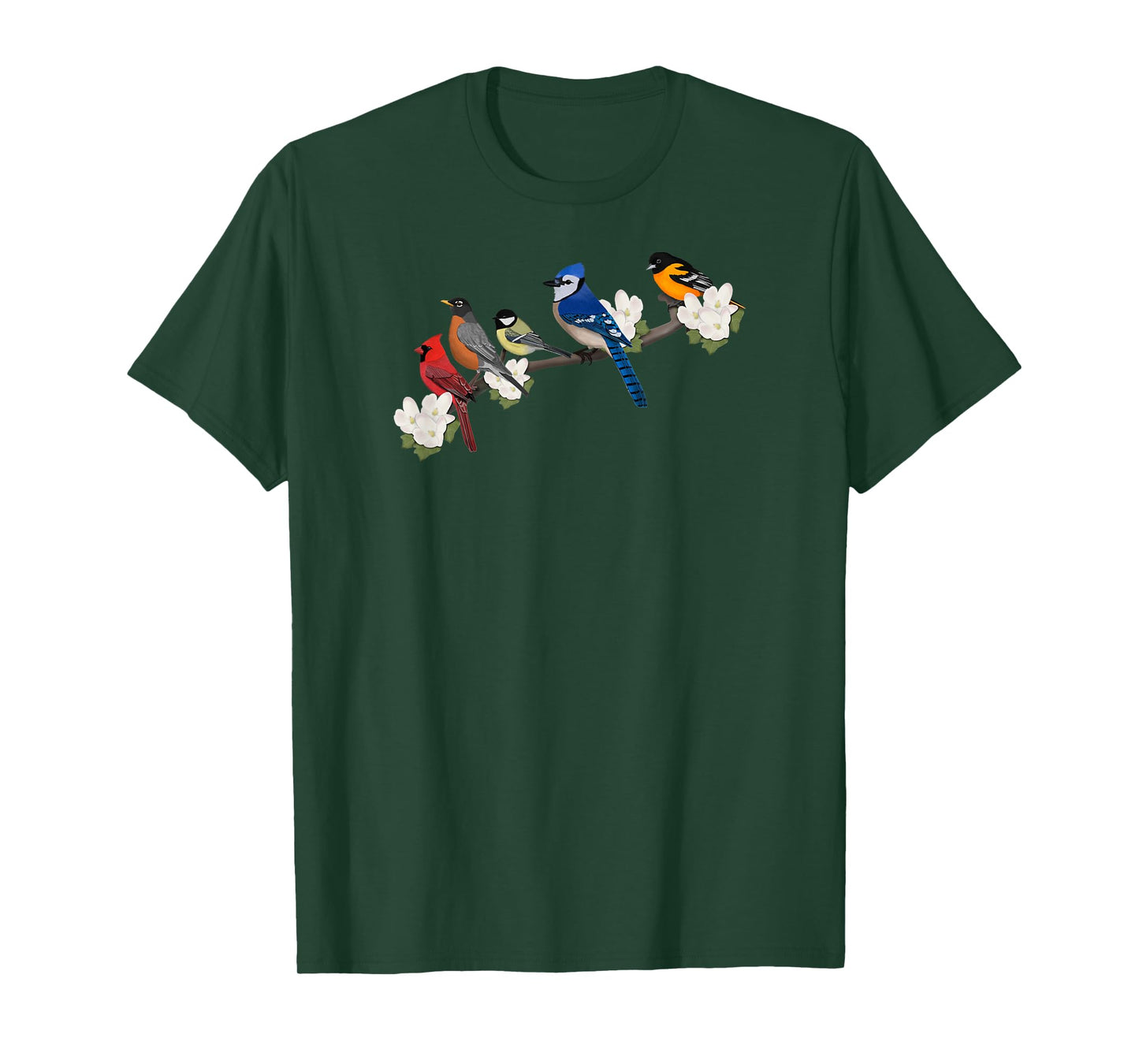 Birds on a Branch Blue Jay Cardinal Robin Bird Watching T-Shirt
