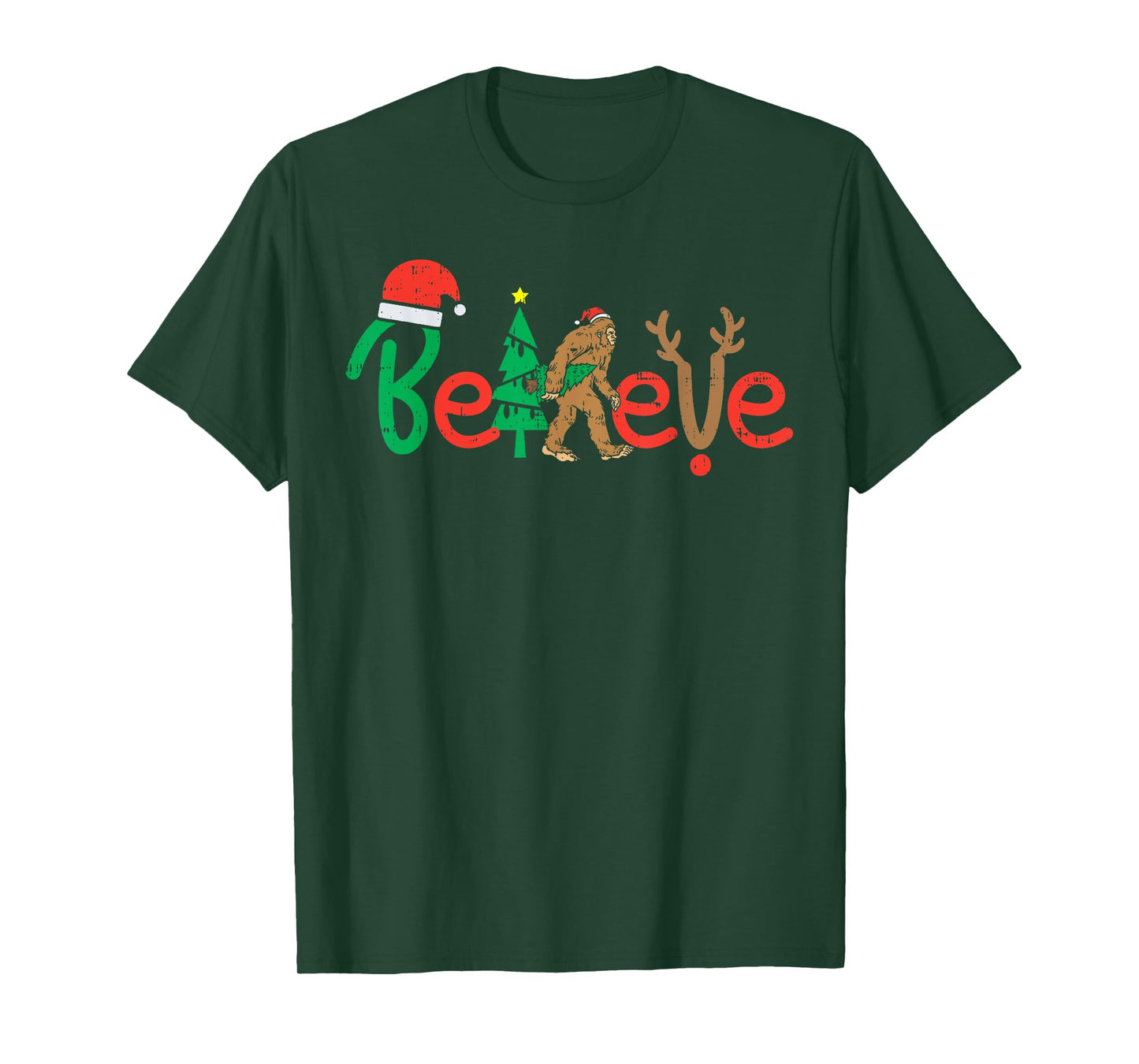 Believe Bigfoot Sasquatch Santa Reindeer Christmas Tree Gift T-Shirt