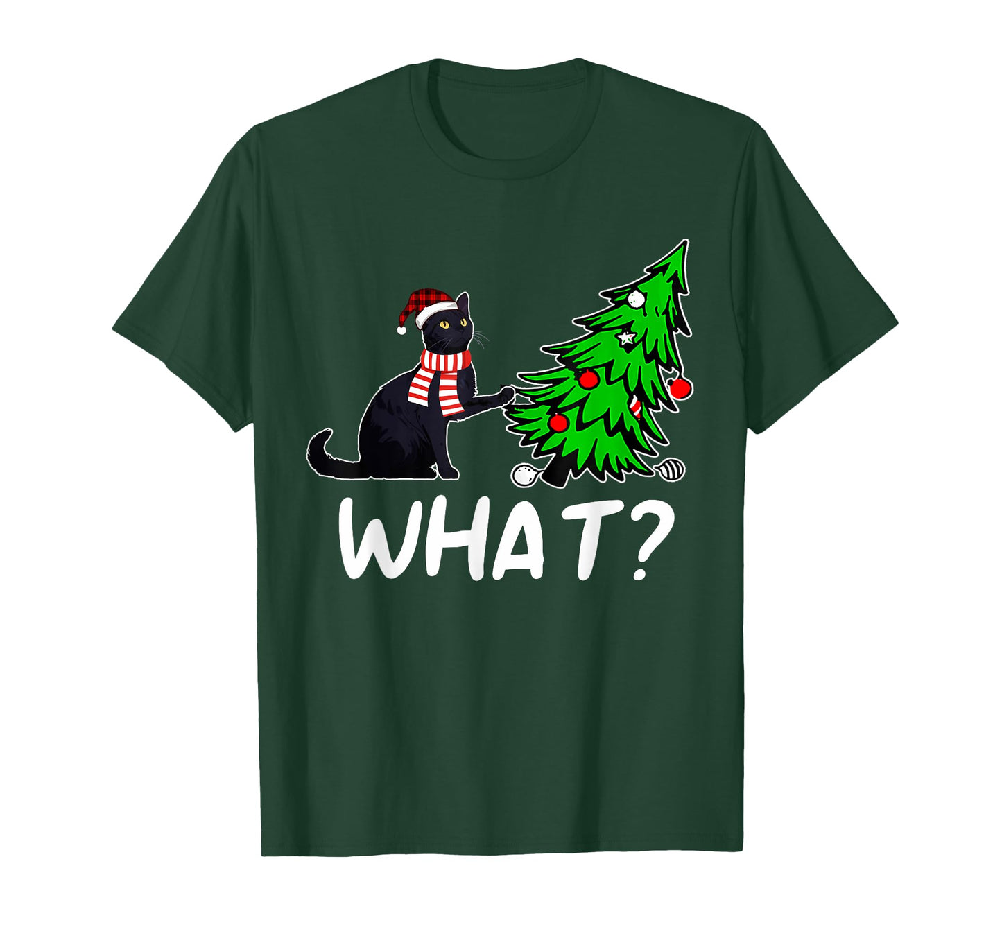 Funny Black Cat Gift Pushing Christmas Tree Over Cat What? T-Shirt