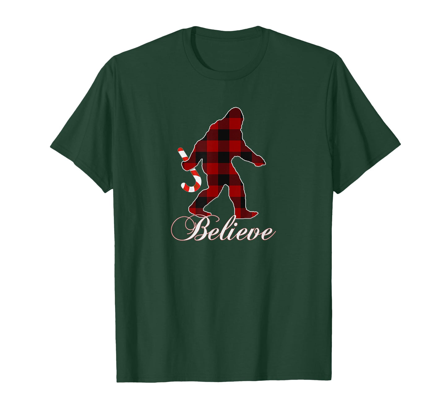 Bigfoot Buffalo Plaid Believe Candy Cane Christmas Pajamas T-Shirt