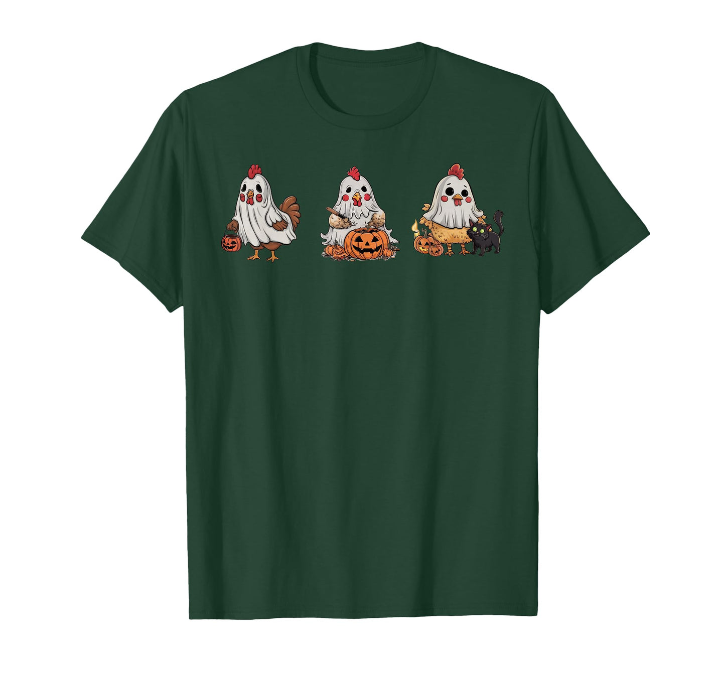Chickens In Ghost Costume Pumpkin Black Cat Halloween T-Shirt for Men Women Kids