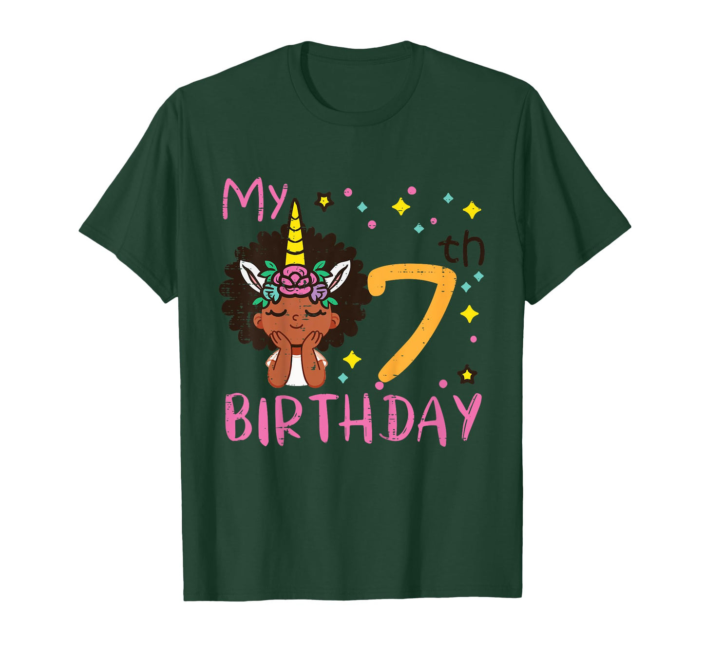 7th Birthday Afro Black Girl Unicorn 7 Year Old Bday Girls T-Shirt