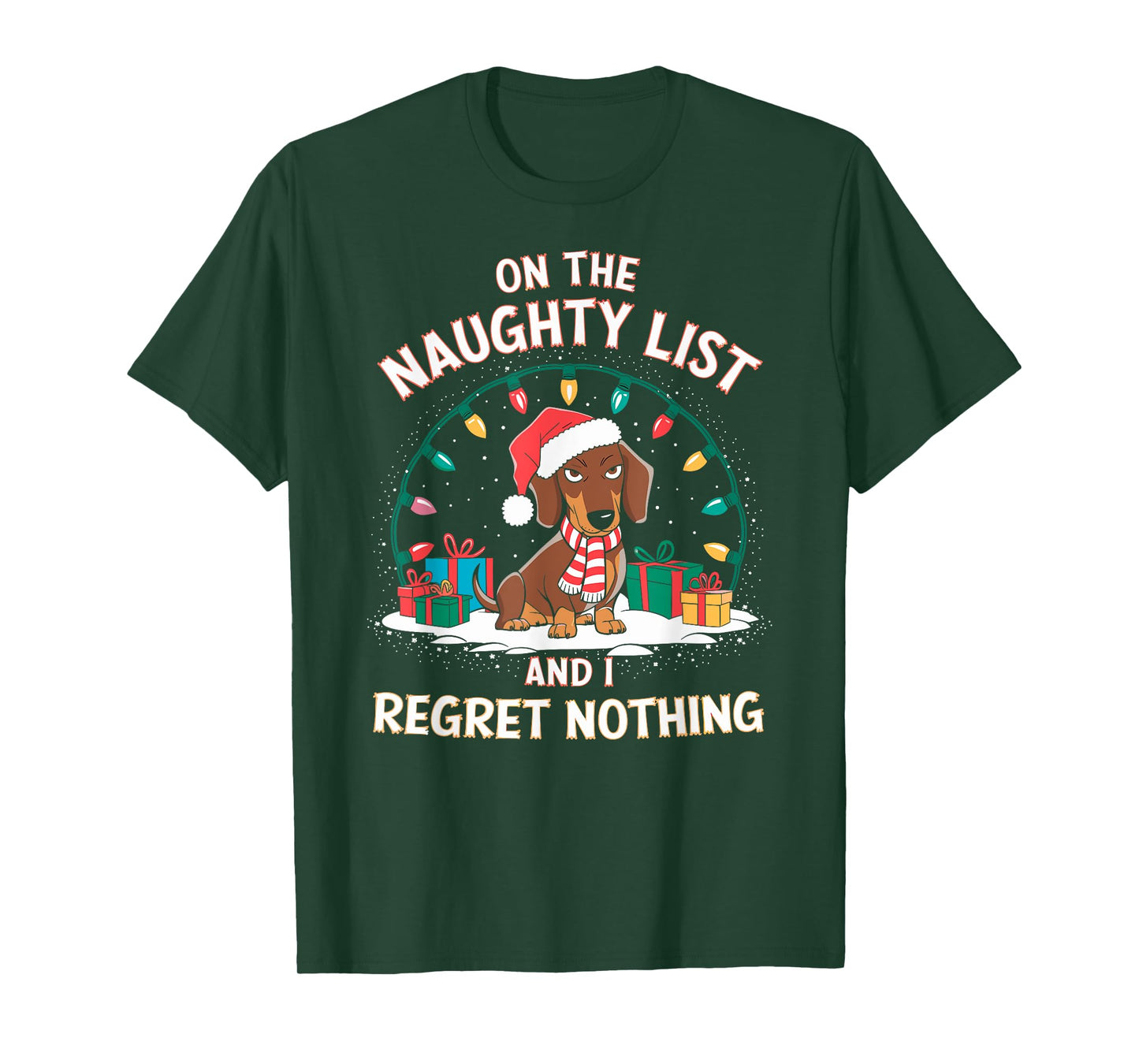 Funny Christmas New Year Xmas Party Christmas Eve Dachshund Christmas T-Shirt - On the Naughty List and I Regret Nothing - Black, Small, Short Sleeve, Unisex-Adult, T-Shirt