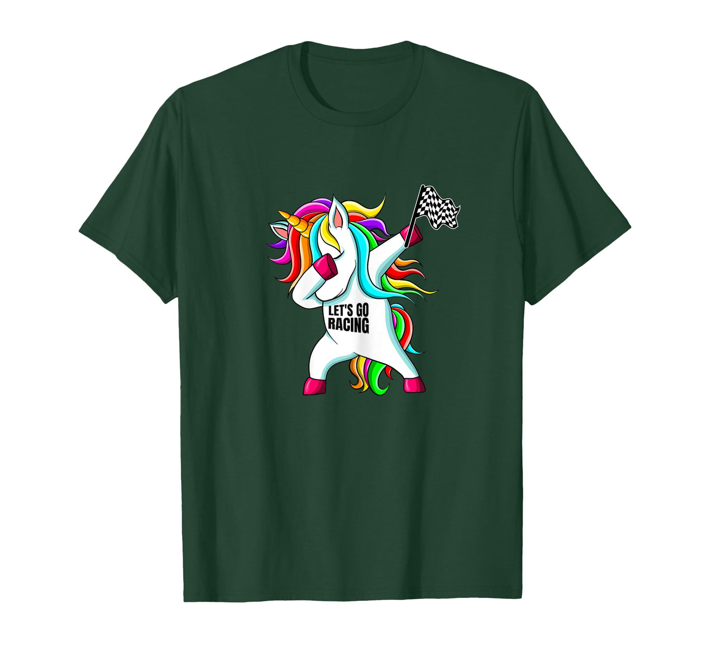 Race Car Racing Dabbing Unicorn Checkered Flag T-Shirt