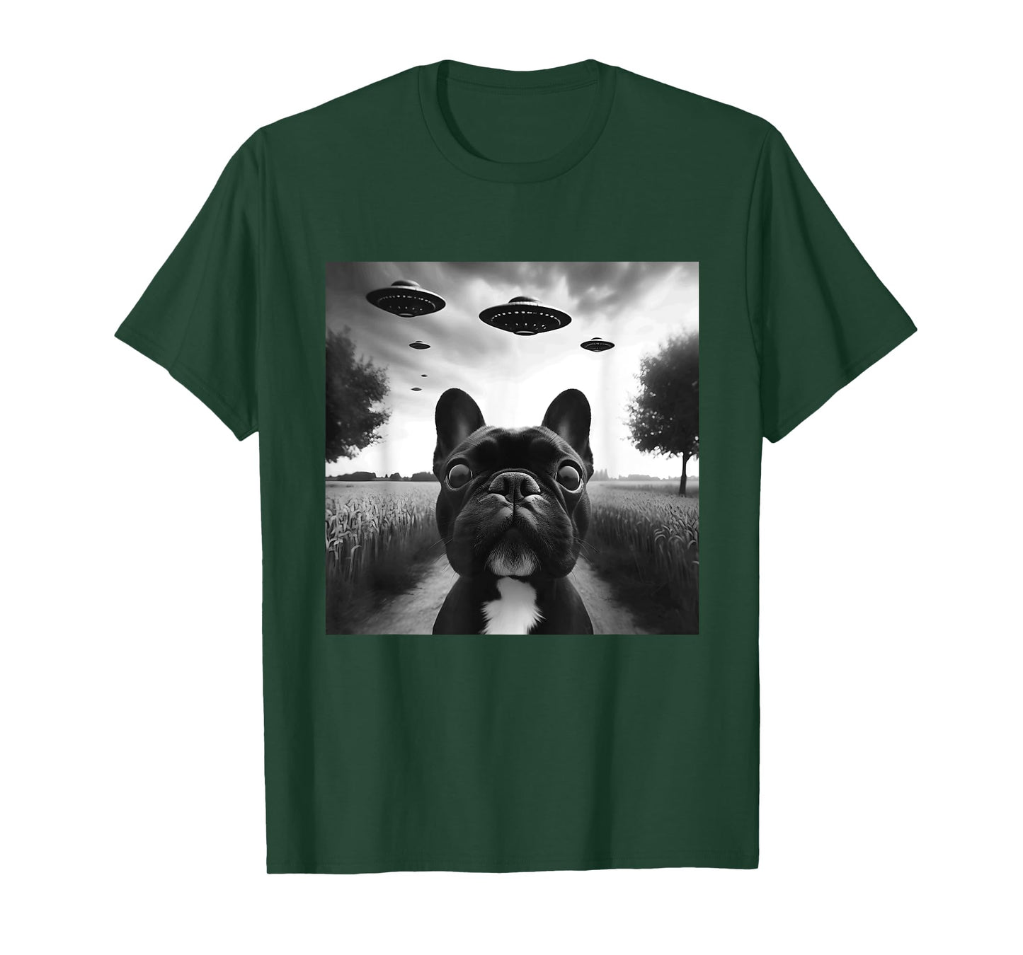 French Bulldog Funny Graphic Selfie with UFOs Weird Aliens T-Shirt