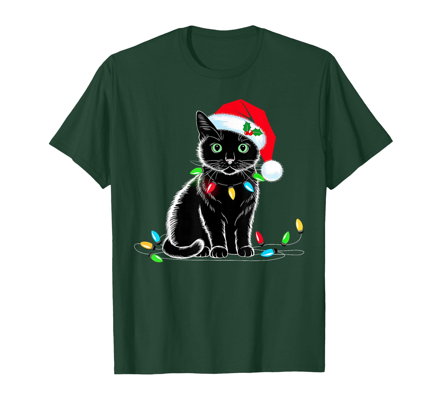 Black Cat Christmas Lights Santa Hat Funny Xmas Cat Lover Men Women Kids T-Shirt