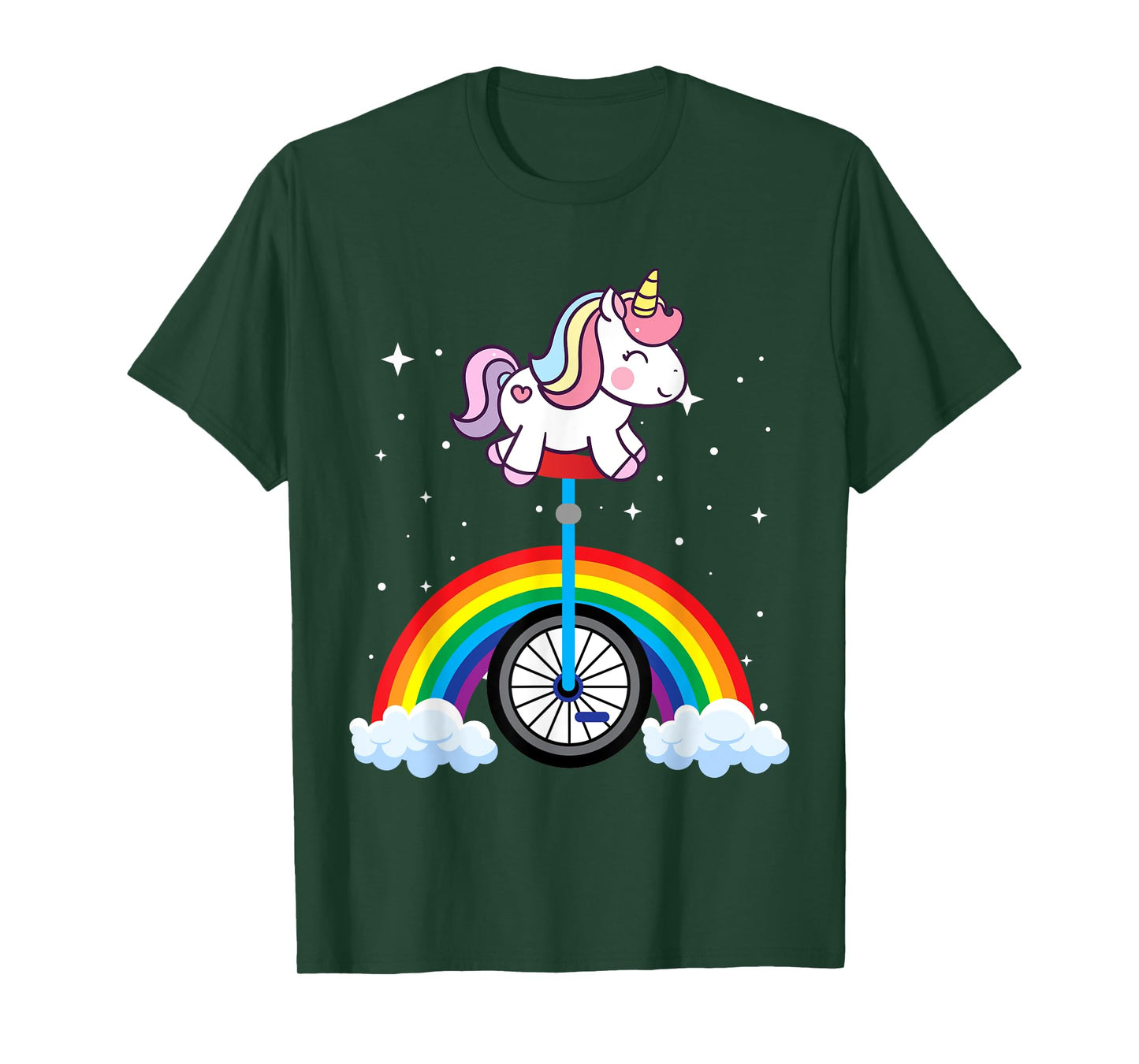 Unicorn Riding Unicycle Boys Girls Women Kids Teens Rainbow T-Shirt
