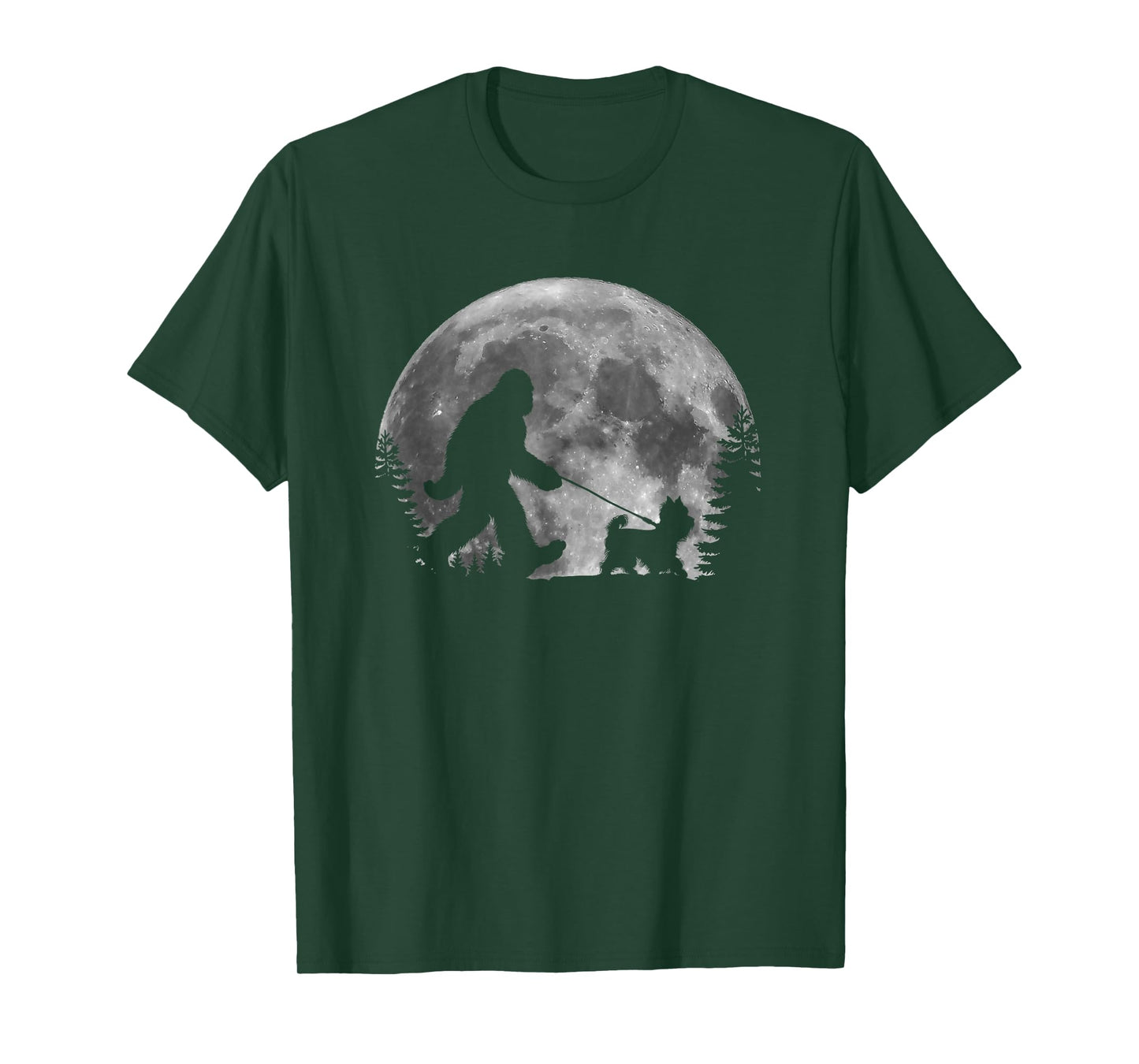 Bigfoot Walking a Dog Funny Yorkie Lovers Moon Halloween T-Shirt for Men Women Kids