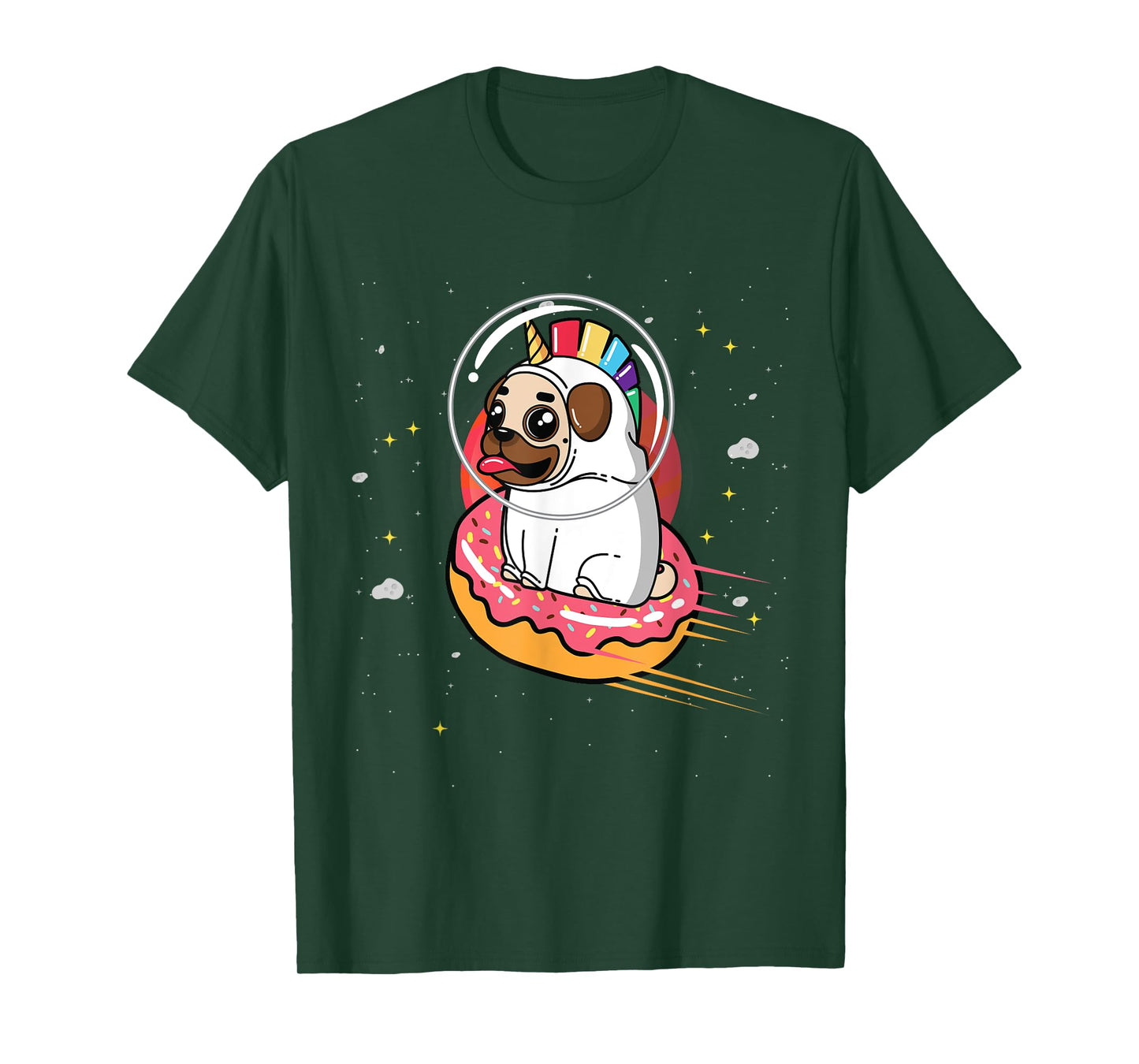 Pug in Rainbow Unicorn Costume riding Donut in Space T-Shirt