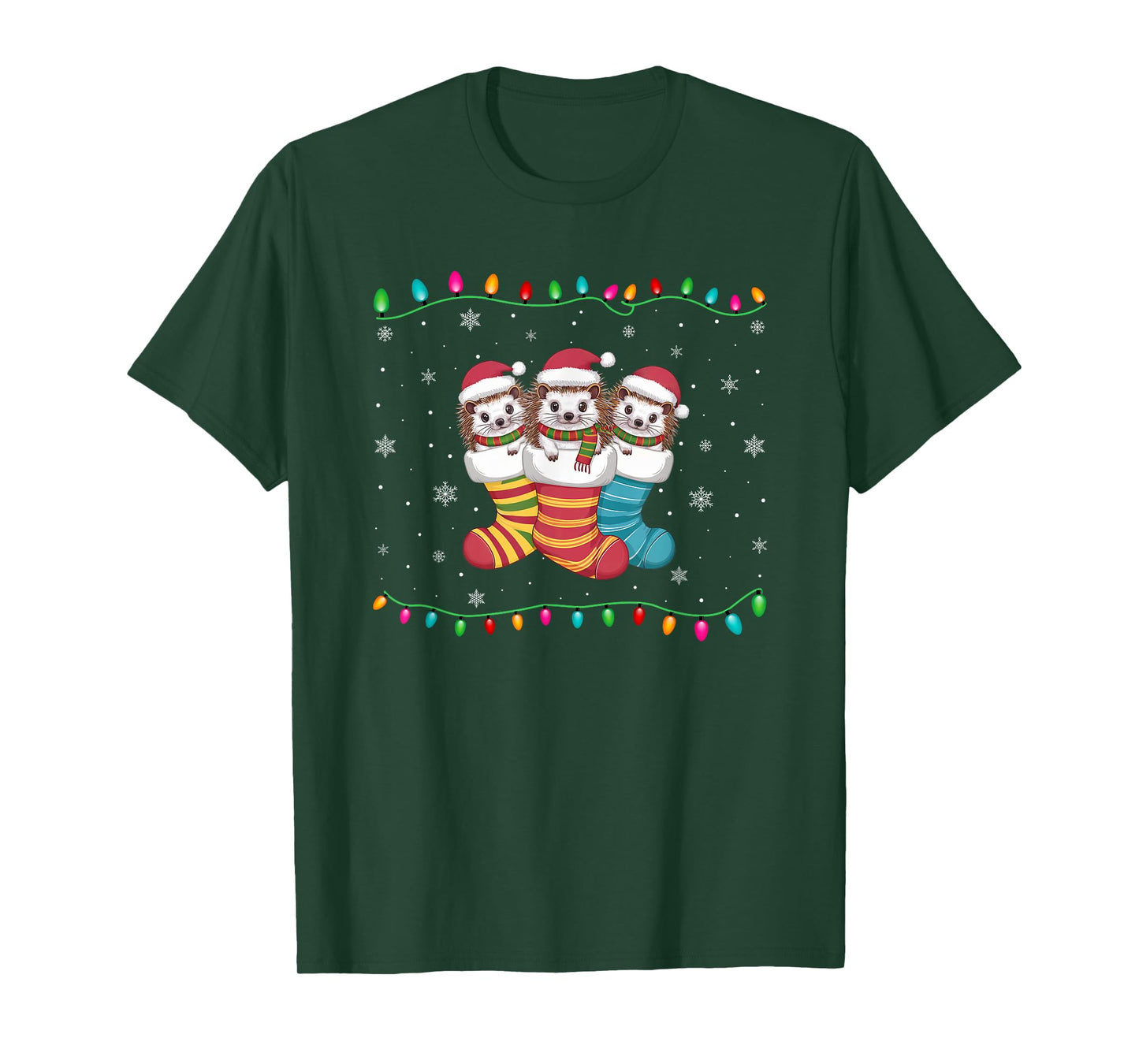 Xmas Tree Lights Funny Hedgehog in Christmas Socks T-Shirt