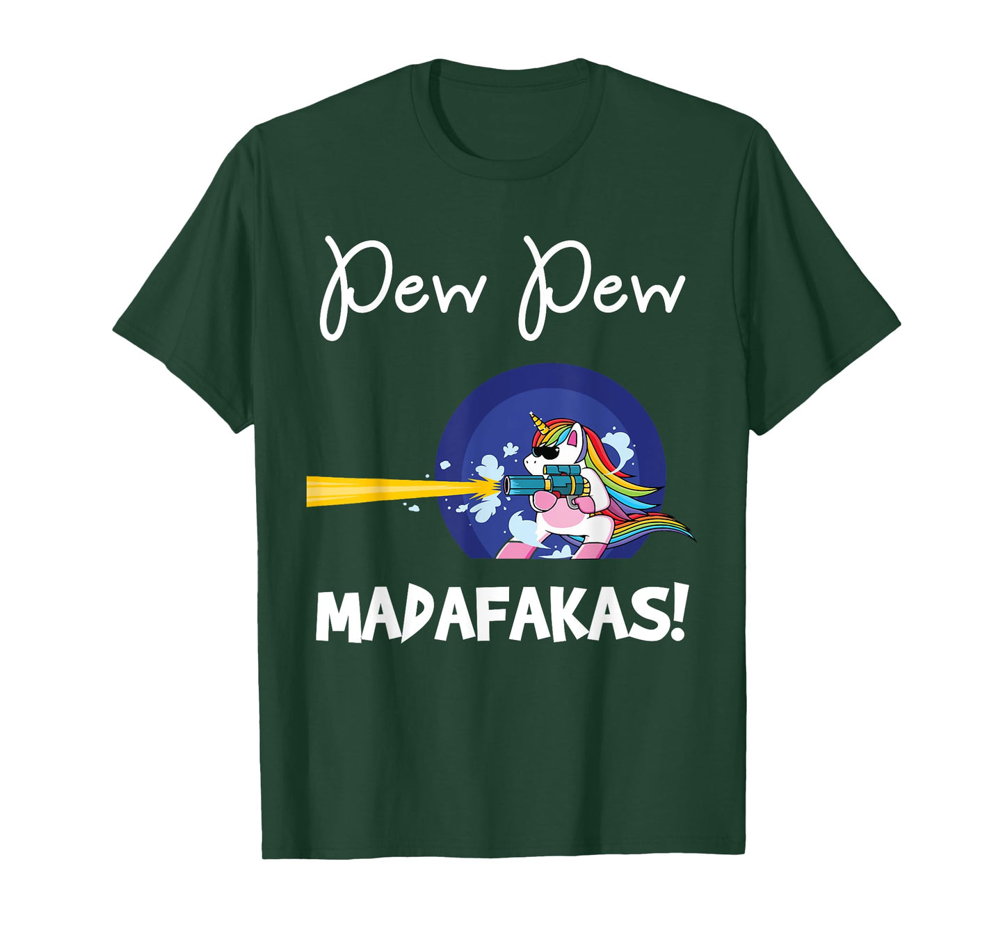 PEW Madafakas Funny fantasy Unicorn With Gun White T-Shirt