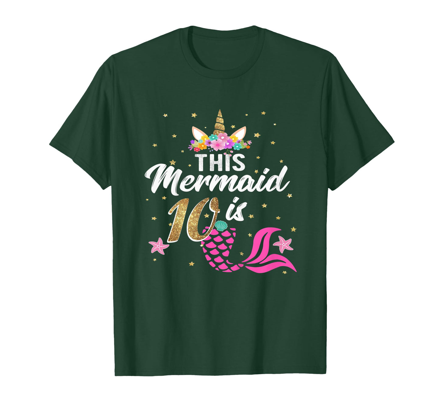 Kids 10th Birthday Girl Unicorn Shirt Mermaid Tail 10 Years Old T-Shirt