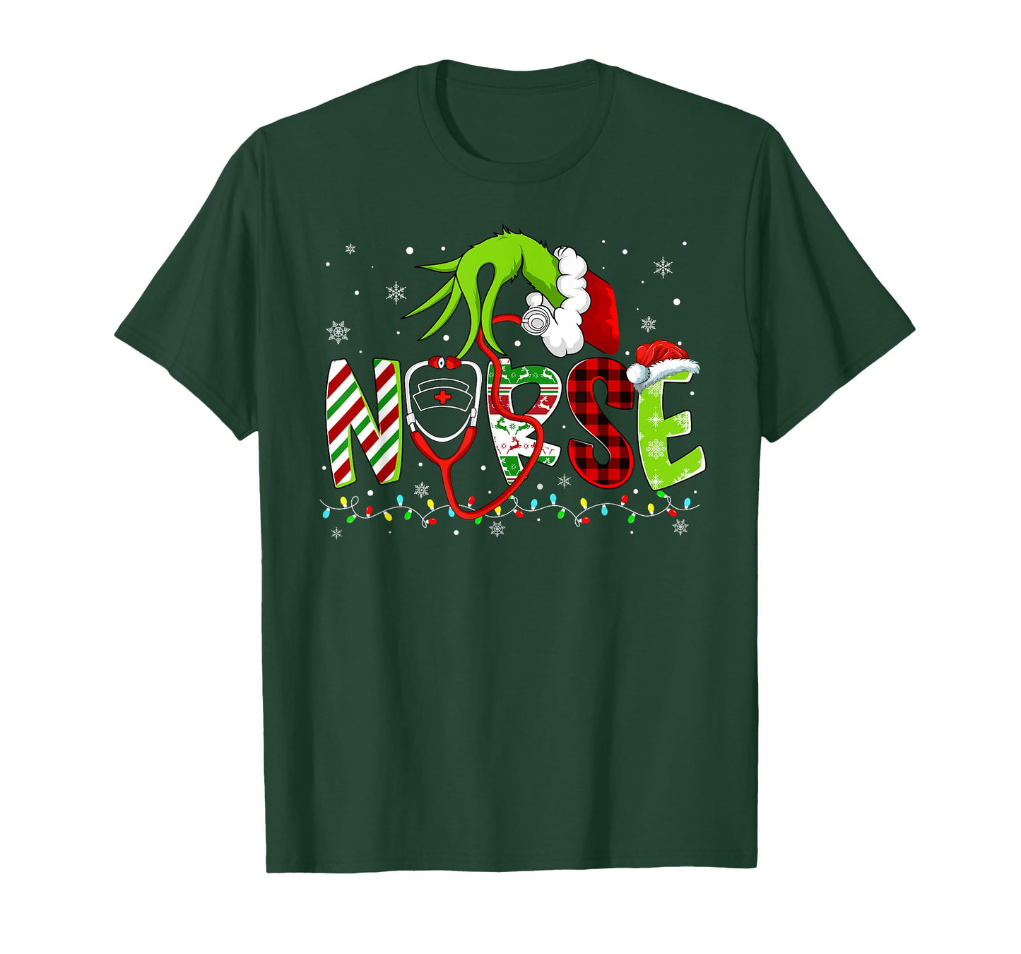 Nurse Funny Merry Christmas Stethoscope Lights Xmas Pajamas T-Shirt
