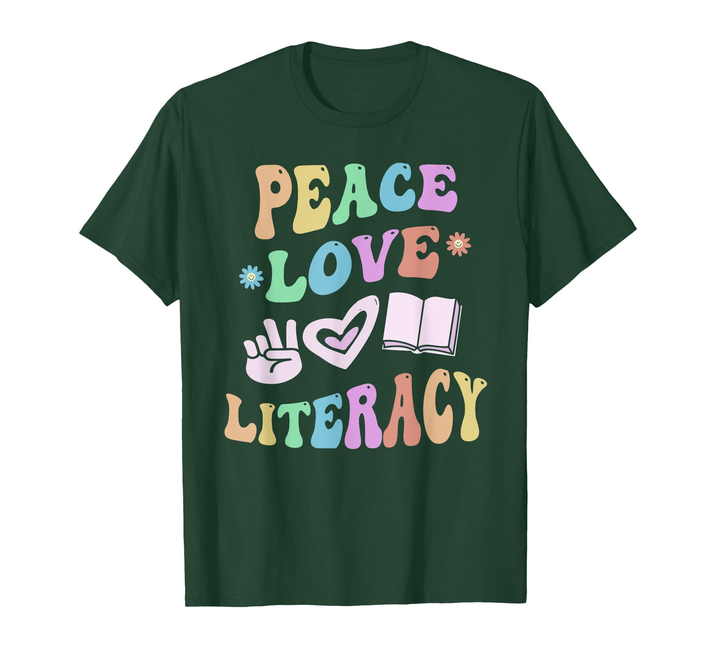 Groovy PEACE LOVE LITERACY Rocks Reading Squad Teacher Kids T-Shirt