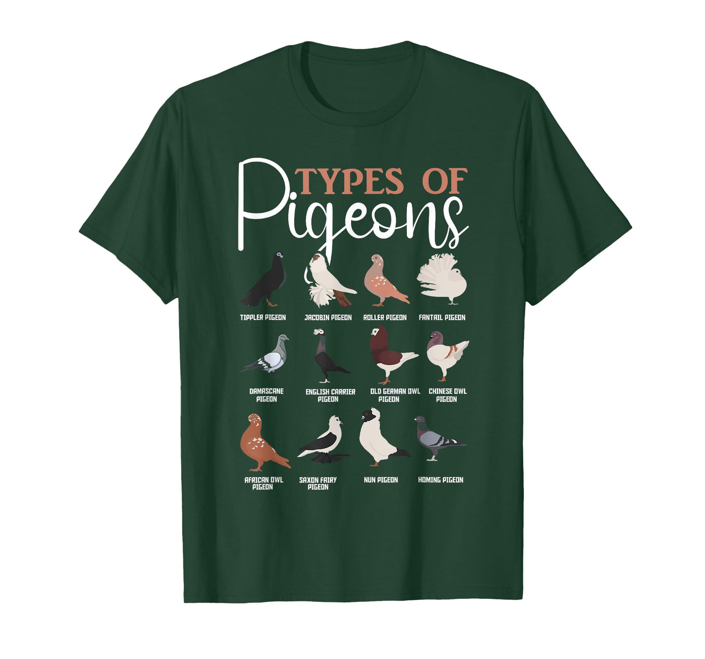 Cute Pigeons Lover Breeding Apparel Co. Types of Pigeons Tee Bird Lover Homing Pigeon Racing T-Shirt - Unisex-Adults-Kids, Black, Small