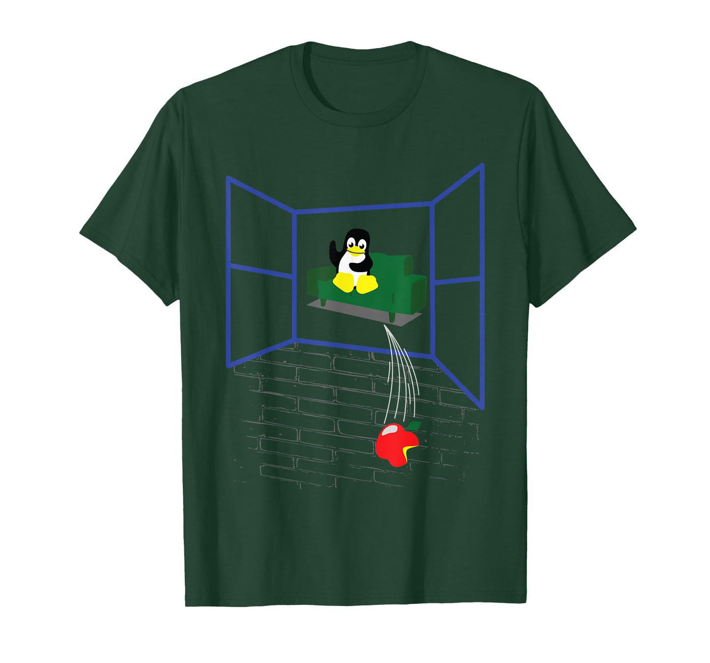 Womens Linux Penguin Throws an Apple Through the Window Funny Shirt Large Black