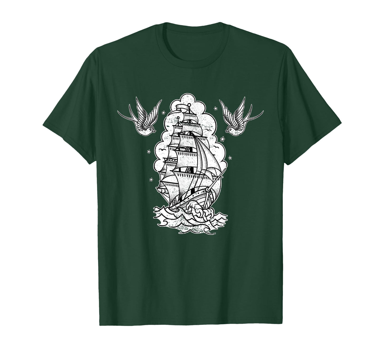 Old School Sailor Tattoo Clipper Ship and Swallows T-Shirt