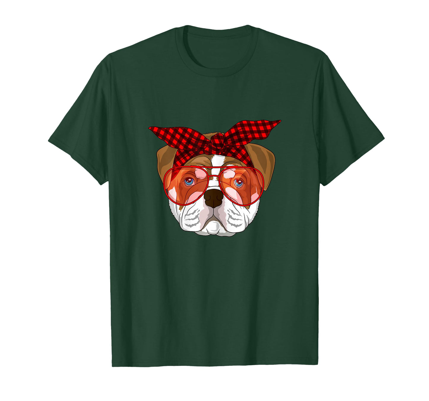 English Bulldog Xmas red plaid bandana Glasses T-Shirt