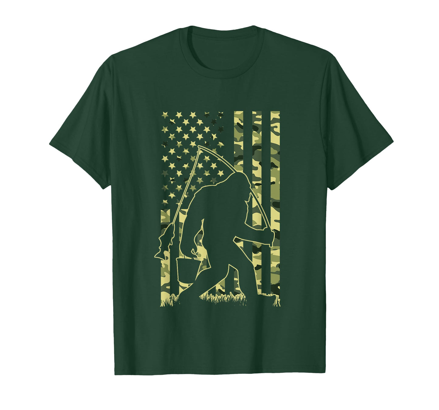 Bigfoot Fishing with Camo American Flag Funny Fisherman T-Shirt