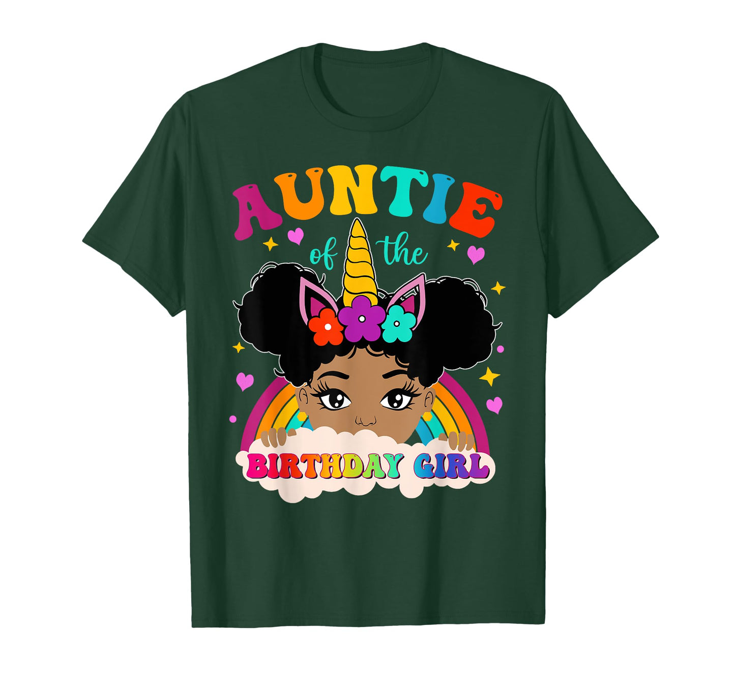 Auntie of The Birthday Girl Rainbow Afro Melanin Unicorn T-Shirt