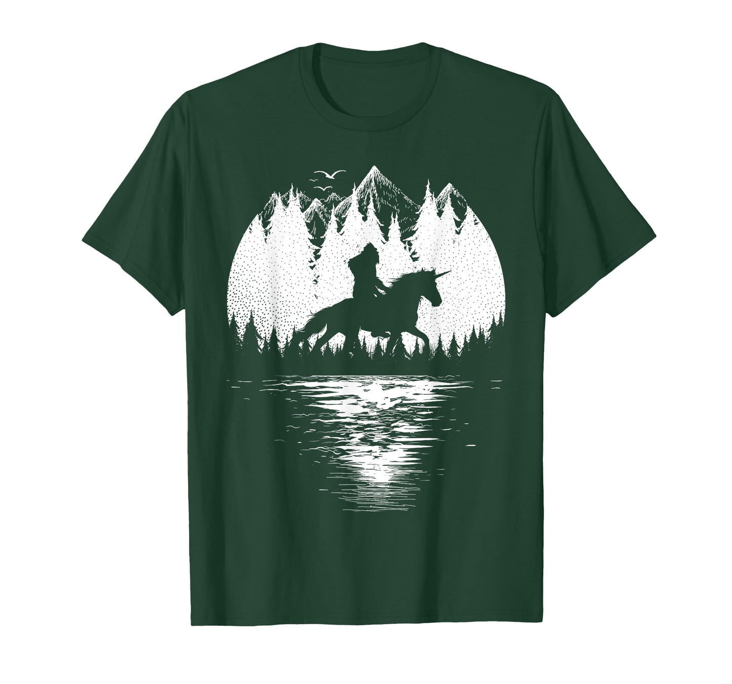 Bigfoot Riding Unicorn amidst Trees! Funny Sasquatch Unicorn T-Shirt