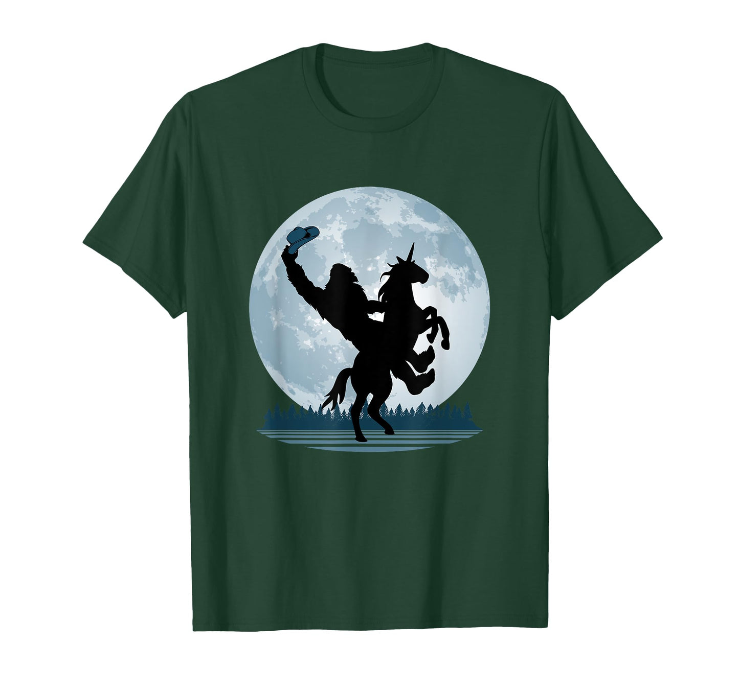 Cowboy Bigfoot on a Unicorn - Sasquatch Full Moon Forest T-Shirt