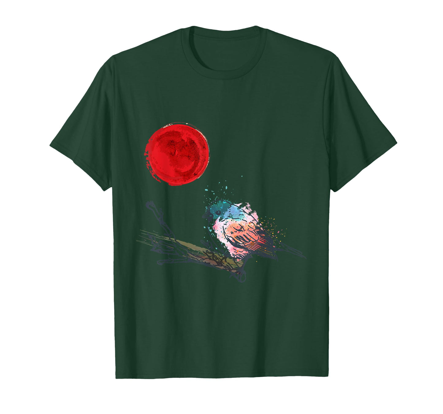 Murakami Birding Retro Colorful Bird Matching Red Moon Style T-Shirt