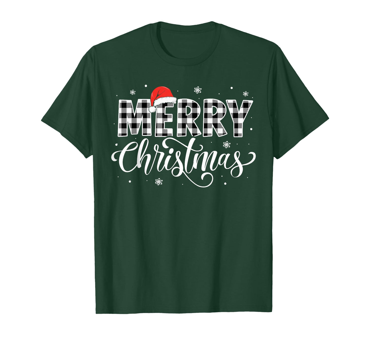 Merry Christmas Buffalo Plaid Black and White Santa Hat Xmas T-Shirt