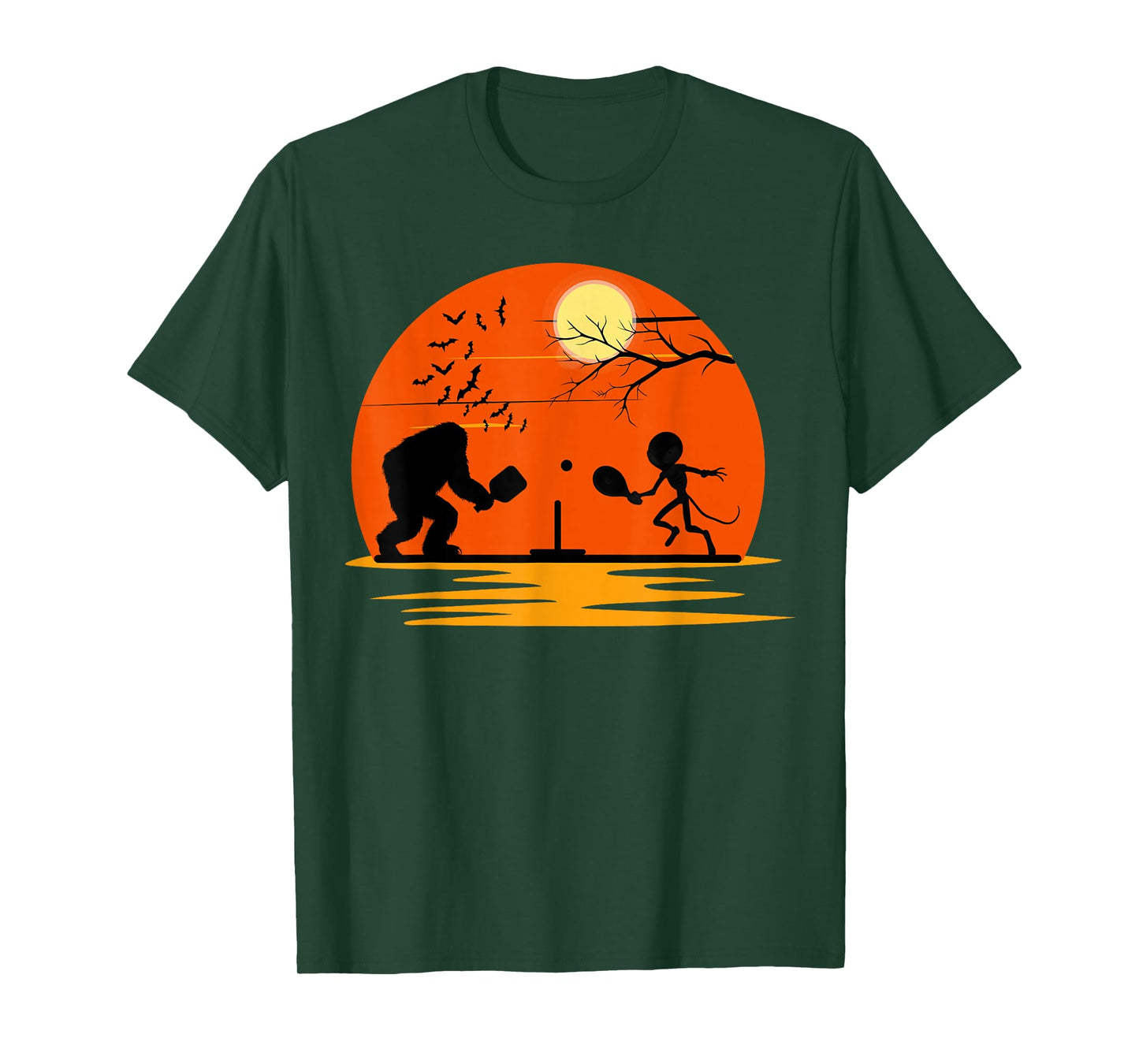 Bigfoot and Alien Playing Pickleball Halloween Sunset T-Shirt