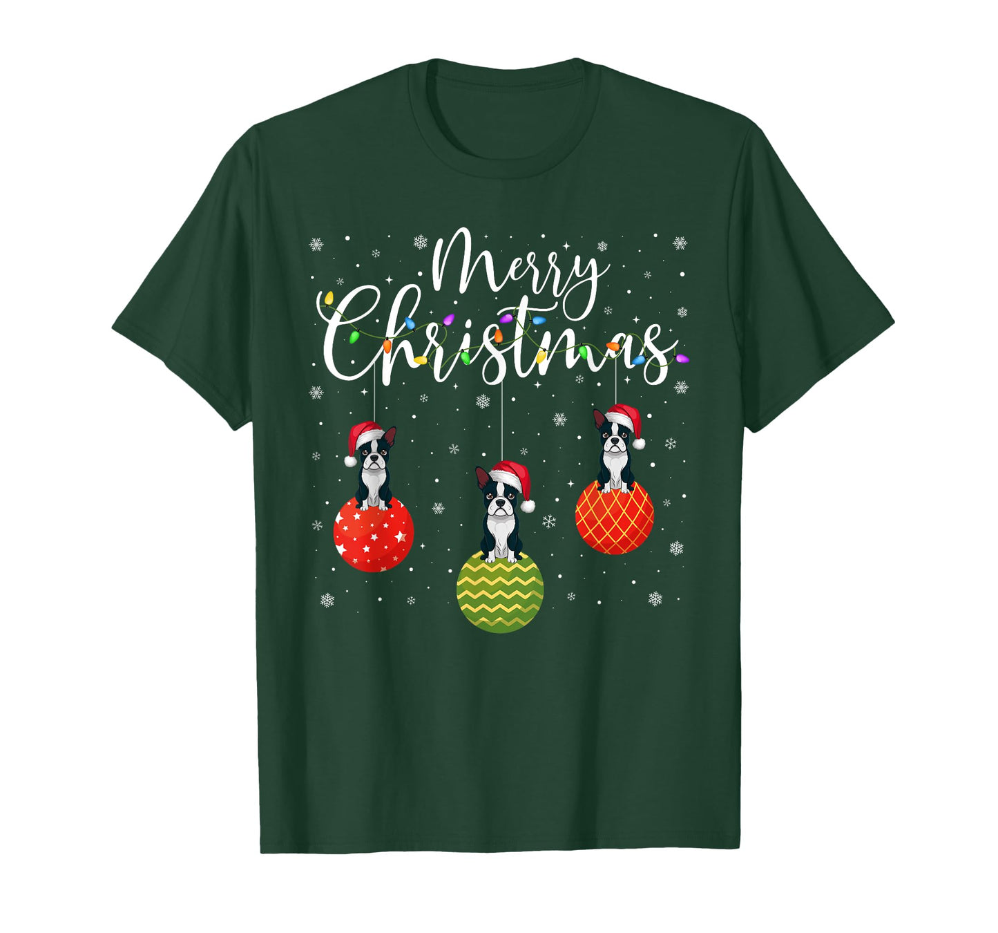 Merry Christmas Lights Santa Hat Boston Terrier Ugly Xmas T-Shirt