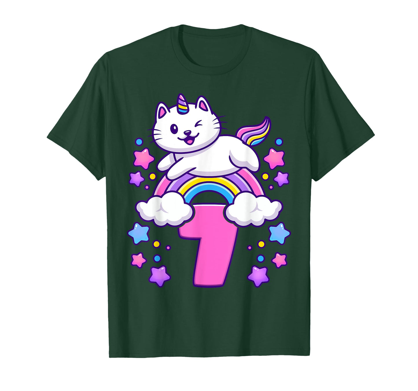 Birthday girl 7 years old, cat, unicorn, 7th birthday T-Shirt