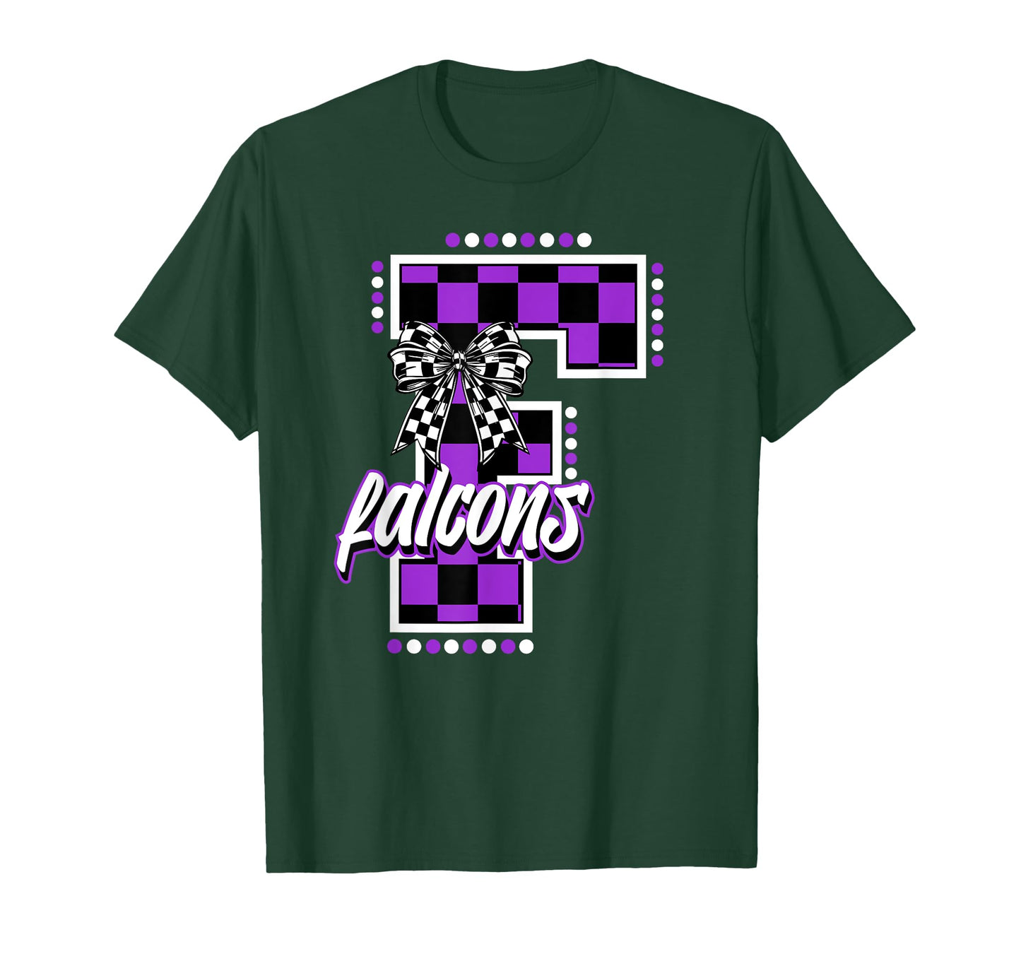 Falcons Checkered Letter School Spirit Mascot Purple Bow T-Shirt