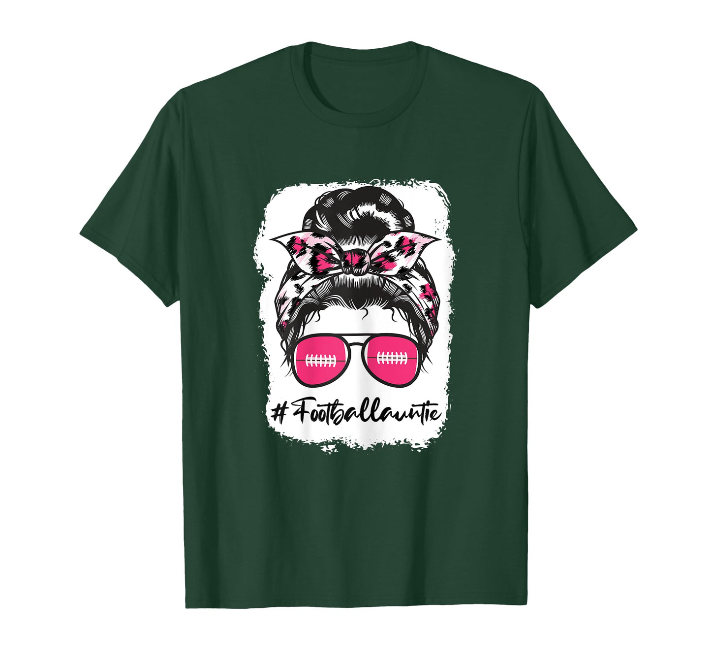 Bleached Football Auntie Pink Leopard Print Messy Bun T-Shirt