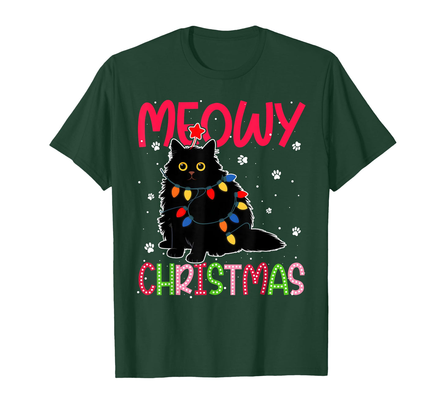 Meowy Christmas Xmas Lights Black Cat Pajamas Family Funny T-Shirt