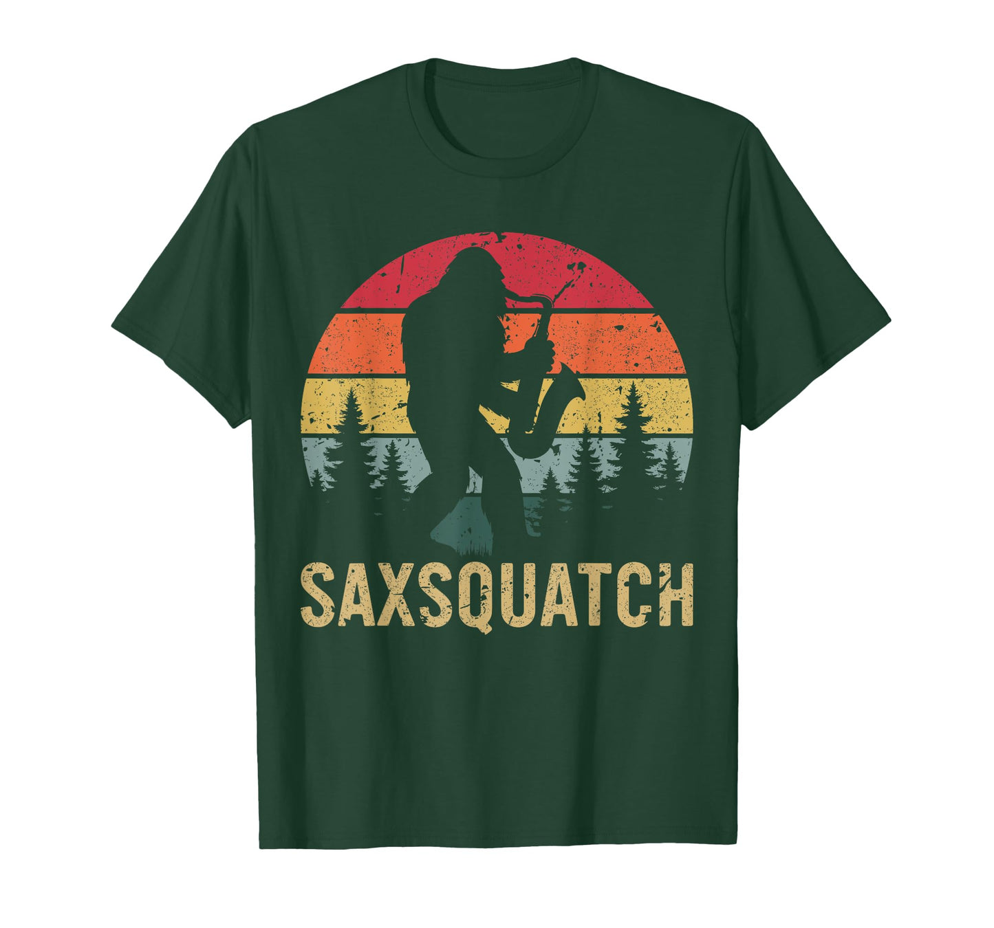 SaxSquatch Retro Sunset Yeti Bigfoot Saxophone Music Forest T-Shirt