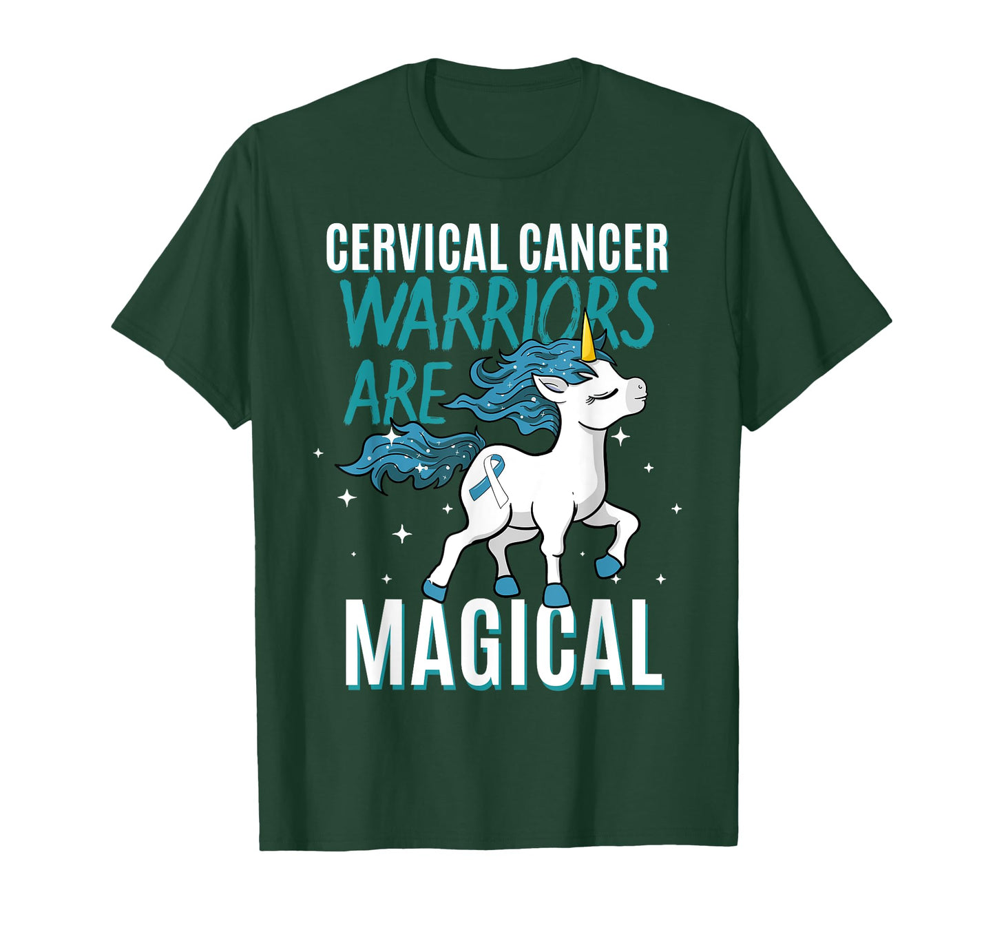 Cervical Cancer Warrior Magical Unicorn Teal Ribbon HPV T-Shirt