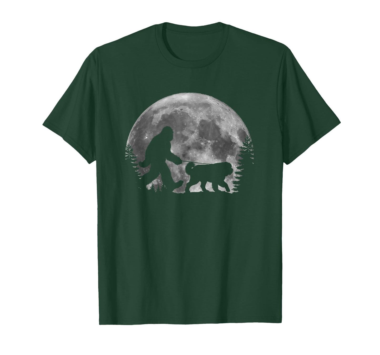 Bigfoot Walking a Dog Funny St. Bernard Lover Moon Halloween T-Shirt for Men Women Kids