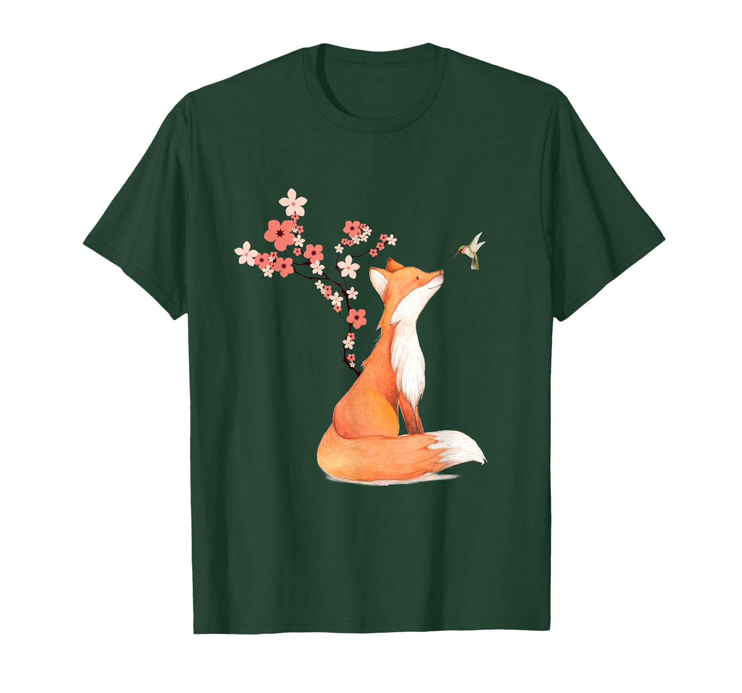 The Cute Fox And Hummingbird Cherry Blossom Flower Present T-Shirt