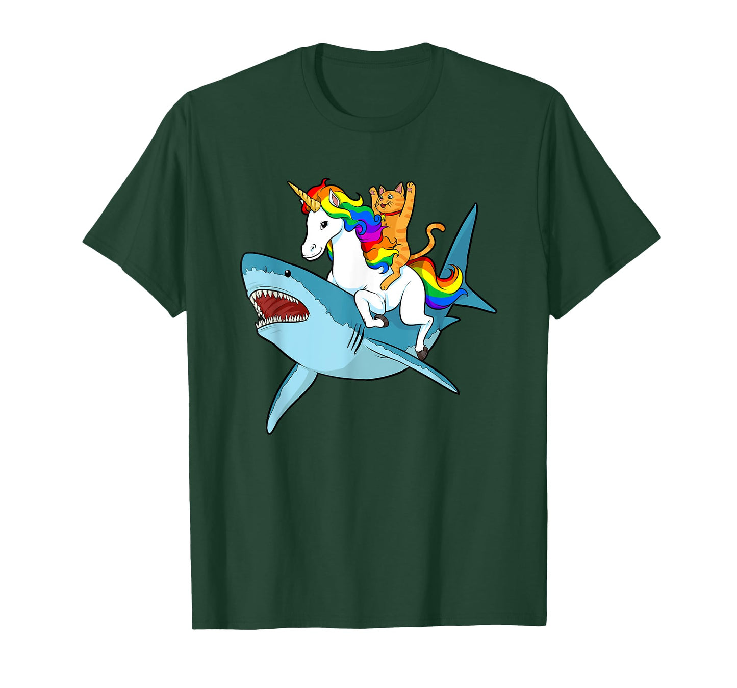 Cat Riding Unicorn Riding Shark Design T-Shirt