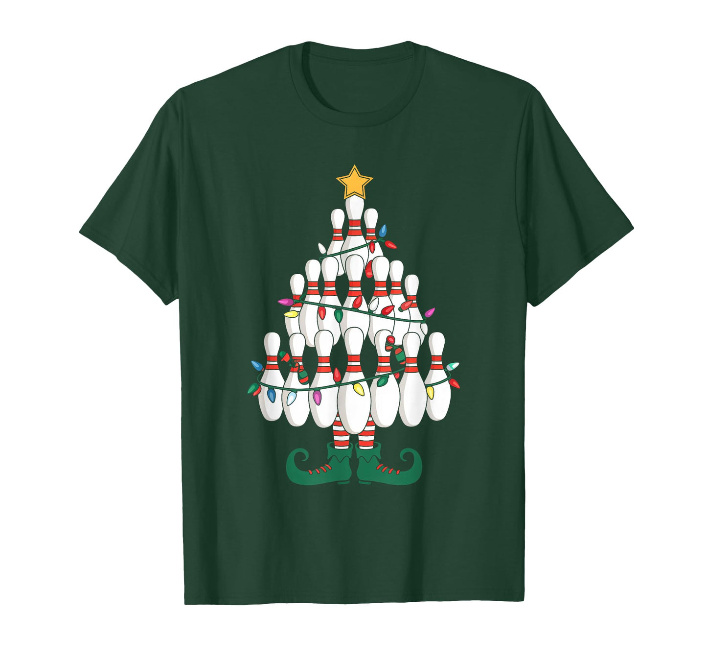 Bowling Elves Pin Strike Christmas Tree Lights Xmas Party T-Shirt