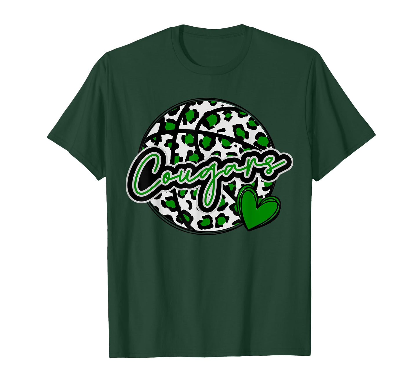 Leopard Cheetah Basketball COUGARS Green Spirit Game Tee T-Shirt