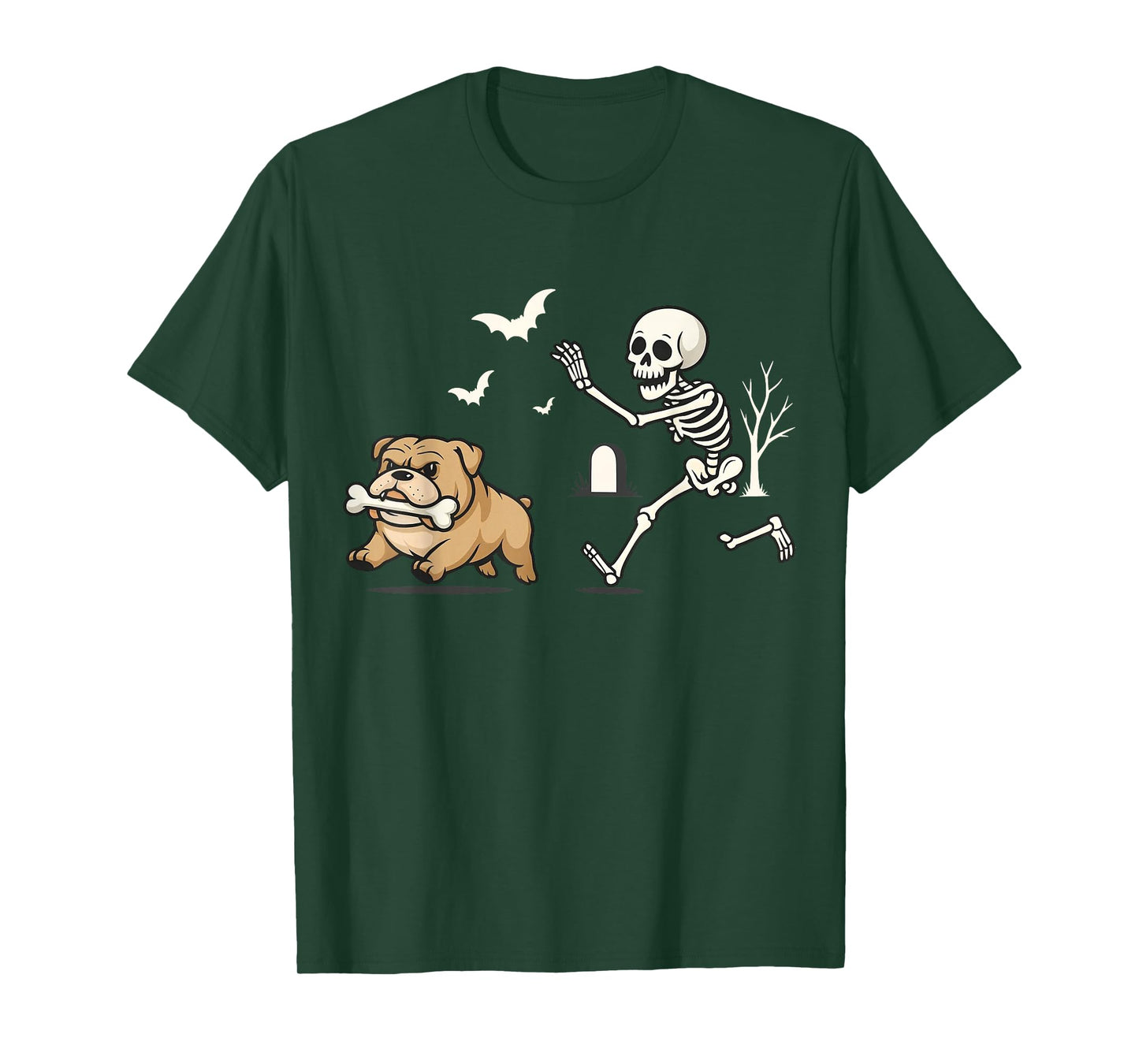 Funny Skeleton Chasing French Bulldog Halloween Skeleton Dog T-Shirt