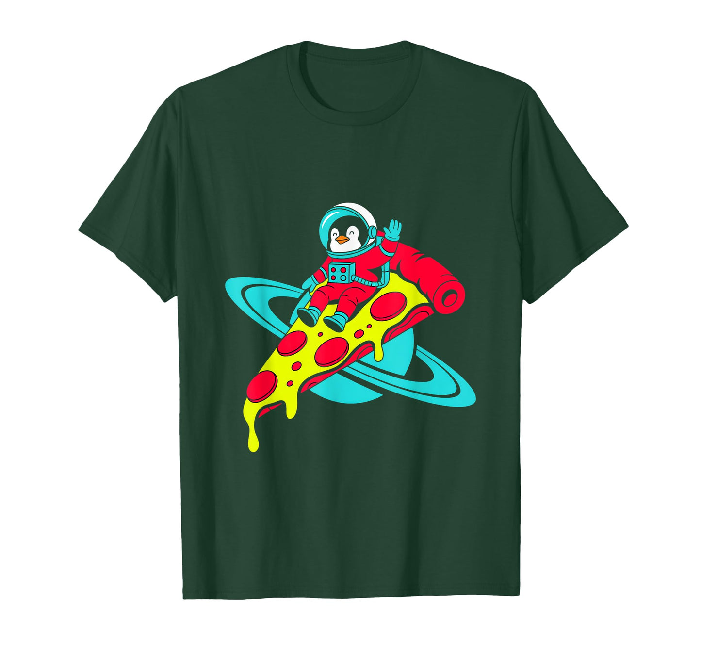 Penguin Astronaut Riding Pizza in Space T-Shirt