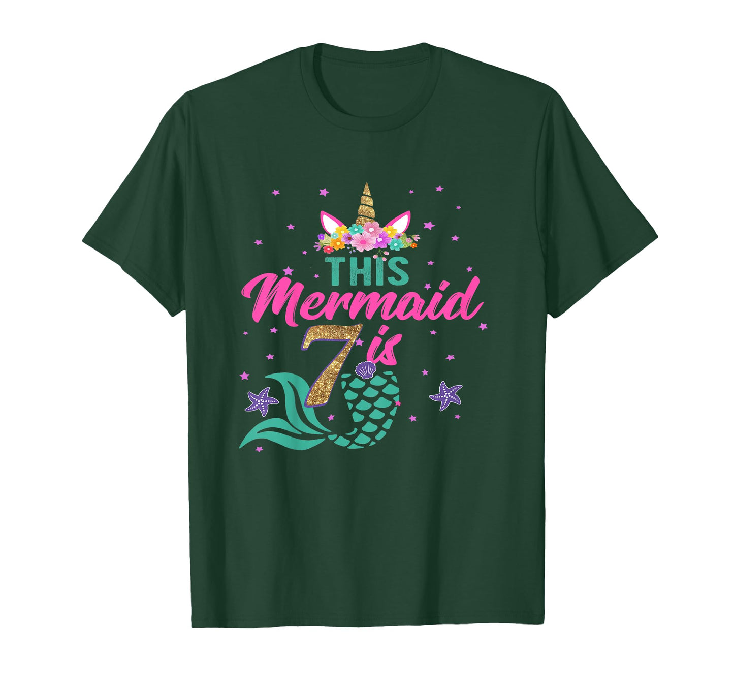 Kids 7th Birthday Girl Unicorn Shirt Mermaid Tail 7 Years Old T-Shirt