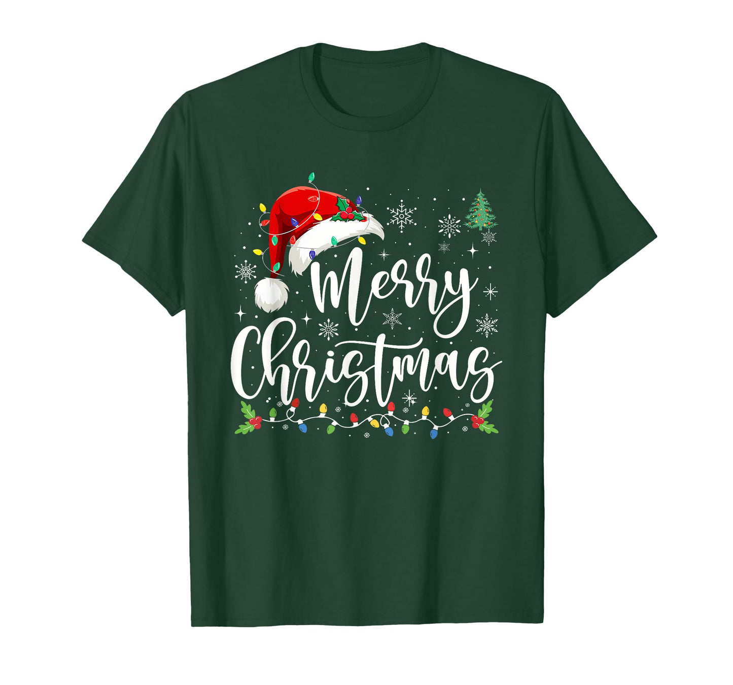 Merry Christmas Lights Red Santa Hat Xmas Family Men Women T-Shirt